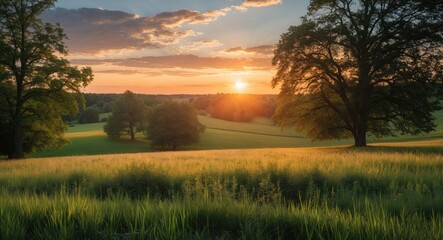 Fototapeta premium Countryside landscape during sunset with meadow, trees, tall grass, and sun leaks, featuring empty space for text.