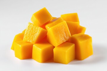 Fresh mango cubes isolated on white background.