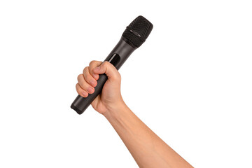 Hand holding wireless microphone isolated. Premium high quality studio shot. Concept for...