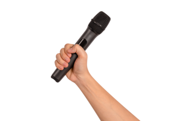 Hand holding wireless microphone isolated. Premium high quality studio shot. Concept for entertainment and recreation.	

