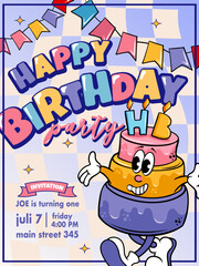 vector illustration of birthday party card with groovy cartoon character cake, happy birthday card with kids
