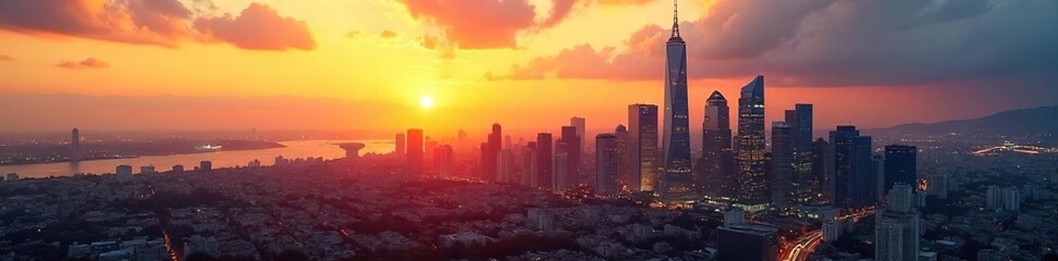Fototapeta premium Sleek modern skyscrapers pierce a vibrant cityscape, bathed in the golden light of sunset A stunning display of architectural prowess and urban development , horizon, structure, view