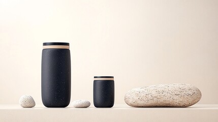 Naklejka premium Black and Beige Textured Bottles and Stones on a Neutral Background