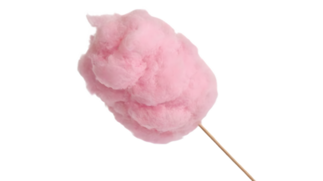 A pink cotton candy stick with pink cotton candy on it. The cotton candy is fluffy and pink, and it looks like a small, colorful cloud. The stick is thin and made of wood