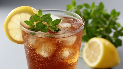 Refreshing iced tea beverage with lemon and mint accents drink. AI generated