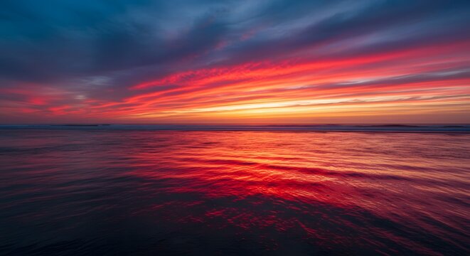Ocean at Sunset with Red Sky