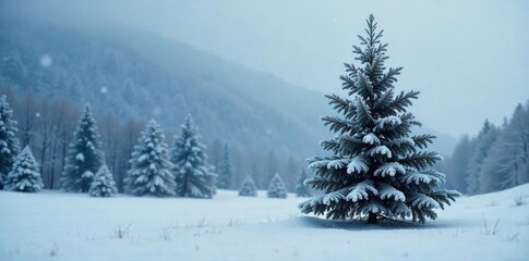 A frosted Christmas tree stands alone in a snowy landscape, a stark and beautiful winter scene The cold air hangs heavy, emphasizing the quiet solitude of the holiday , pine, christmas tree, season