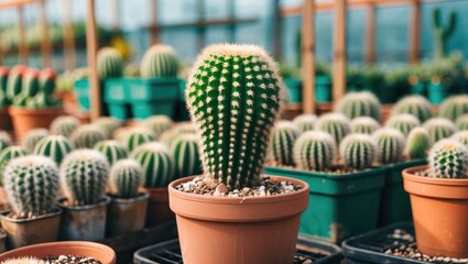 Small cactus planted in a pot in the nursery with empty space for text.