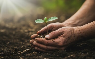 Fototapeta premium A tender moment hands gently cradle a young sprout symbolizing growth and new beginnings in nature