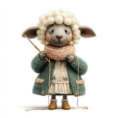 Creative sheep character knitting in cozy attire.