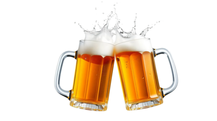 Two glasses of beer toasting with splash isolated on transparent background