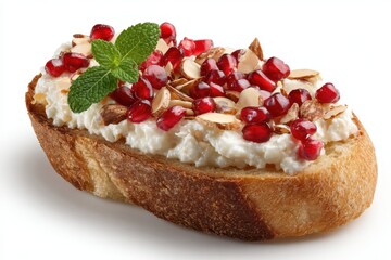 an open-faced cottage cheese and pomegranate toast isolated on a white background. 
