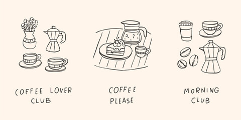 Coffee lover club morning breakfast doodle sketch vector illustration. Hand drawn typography poster phrase quote.