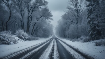 A snowy road in winter through snow-covered trees and landscape. Cold weather and winter scenery. The scene of winter travel and snowy roads.