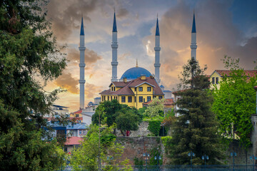 Naklejka premium The Sehir Mosque and Ortahisar historical houses view in Trabzon City of Turkey