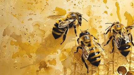 Watercolor bees on honeycomb showcase nature's beauty and their vital ecological role.