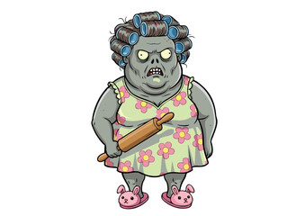 Fototapeta premium Angry Zombie Housewife Illustration A Spooky and Hilarious Cartoon Character Design Featuring a Decaying Woman in Curler and Dress, Wielding a Rolling Pin