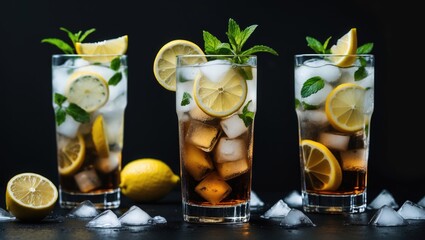 Fototapeta premium Traditional Iced Tea With Lemon And Ice In Tall Glasses, Glass Of Lemon Ice Tea Isolated On Black Background, Closeup Glass Of Ice Tea Cocktail Decorated With Lemon And Mint, Refreshment Soft Drink