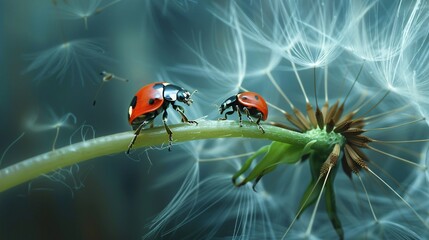 Ladybug resting on a dandelion amidst delicate seeds in a serene, colorful setting.