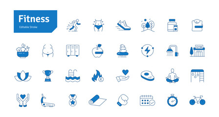 Fitness Blue Line Icons Set. Health, Healthy Lifestyle, Wellbeing, Exercise, Health Care, Sport, Workout Editable Stroke Vector Illustration