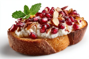 an open-faced cottage cheese and pomegranate toast isolated on a white background. 