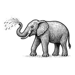 Obraz premium u 45 Black and White Outline Line Art Drawing of Elephant Spraying Water from Trunk Illustration