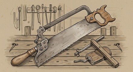 Hand Saw on Woodworking Bench with Various Tools Illustration