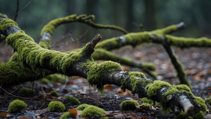 Fototapeta premium A branch lying on the ground, covered in moss.