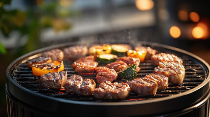 Grilled meat sizzling on a barbecue for a delicious meal