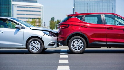 Two modern cars involved in rear-end collision on city street with visible vehicle damage