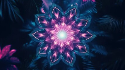 Glowing neon flower mandala rotating in dark abstract space seamless looping 4k time-lapse animation video background - Powered by Adobe
