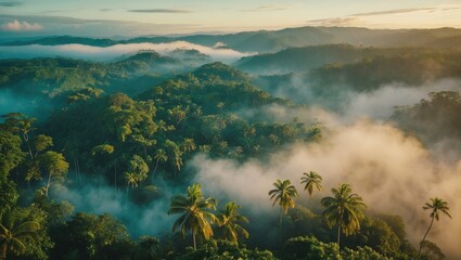 An aerial view of tropical rainforest in the morning, showcasing a stunning rainforest with mist and fog.