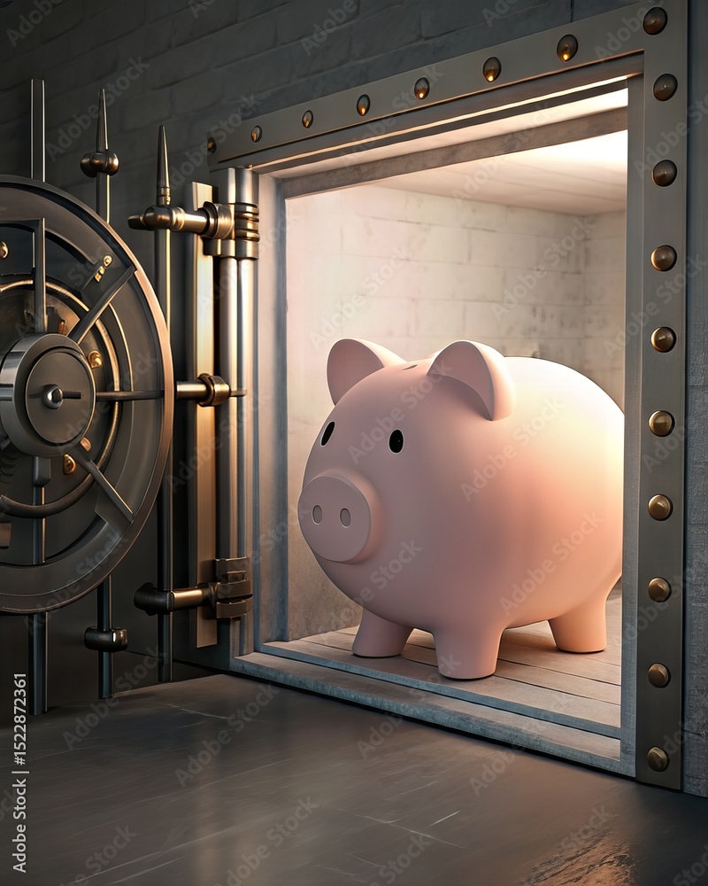 Poster digital banking concepts and innovations. piggy bank inside a vault, symbolizing savings and financi