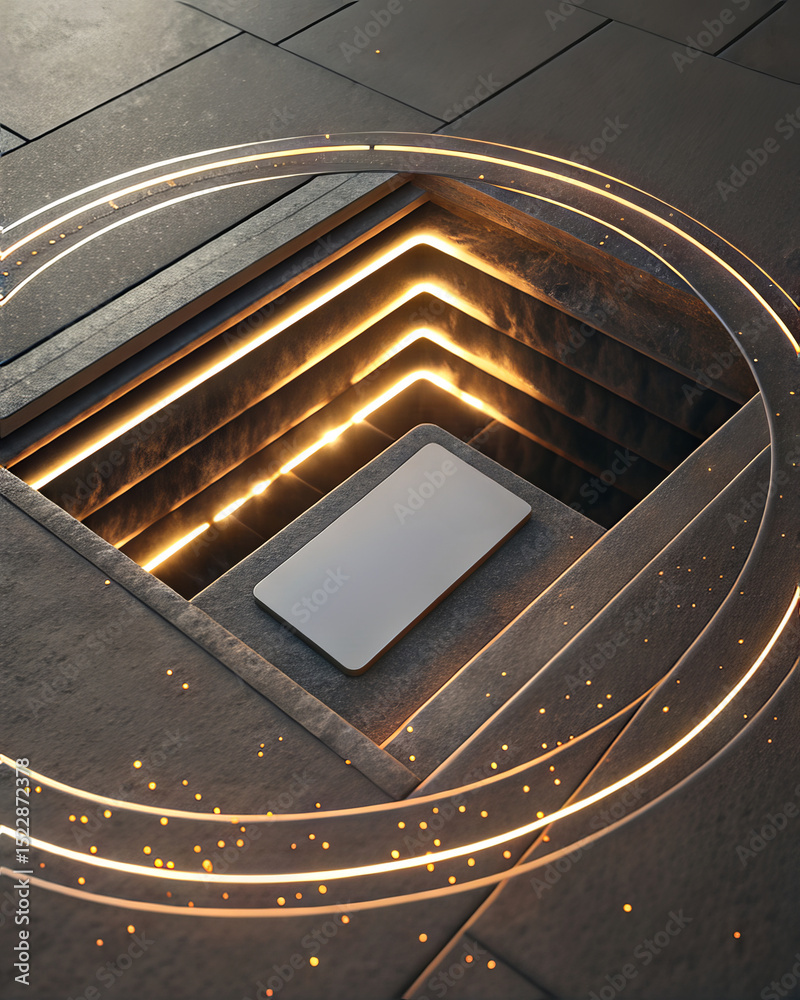Poster digital banking concepts and innovations. modern architectural design featuring illuminated floor op
