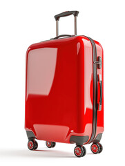 3D rendering of a modern suitcase with wheels and handle extended, isolated on white background for travel, tourism, or transportation use