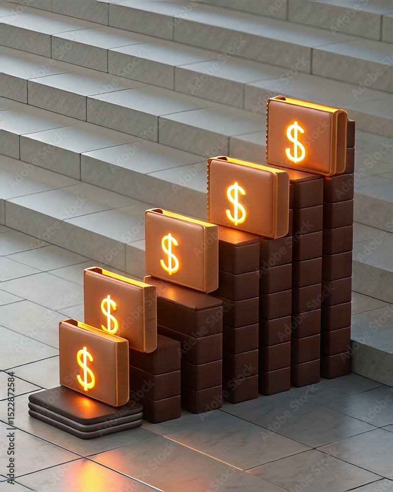 Aufkleber digital banking concepts and innovations. illuminated dollar signs stacked like a bar graph on steps