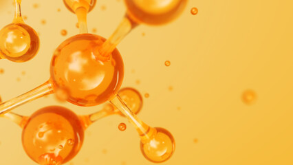 3d Abstract golden glass molecular structures. Cosmetic collagen serum, essence oil, vitamin, hyaluronic acid for skin care. Healthcare concept