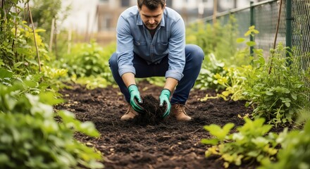 Sustainable Soil Man Composting in Urban Garden
