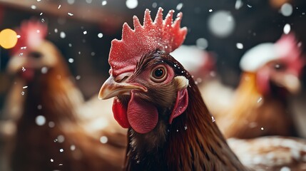 Close-up of a proud rooster surrounded by hens in a snowy barn during winter