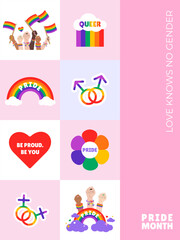 LGBTQ poster, banner, card or cover with rainbow symbol and elements. Vector design template for Pride Month celebration