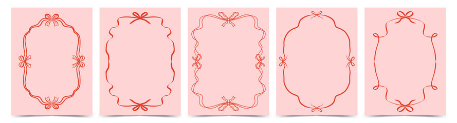 Set of doodle hand drawn trendy coquette frames with bows, ribbons. Minimalist vintage whimsical borders. Modern vector design template for wedding invitation, birthday card, print, holiday poster.