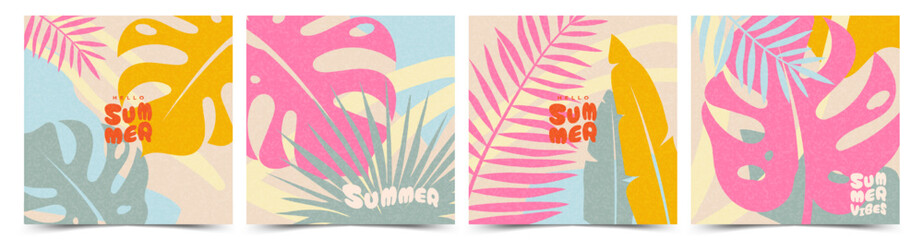 Abstract summer vacation bright card set with tropical leaves. Creative concept for celebration, ads, branding, banner, cover, label, poster, sales. Modern vector art design templat.