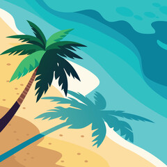 Cute Cartoon Beach Scene With Palm Trees And Smiling