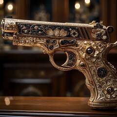 Intricate golden revolver with floral embellishments High Resolution Picture