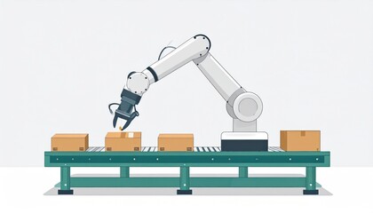 Robotic arm picks boxes on a conveyor belt