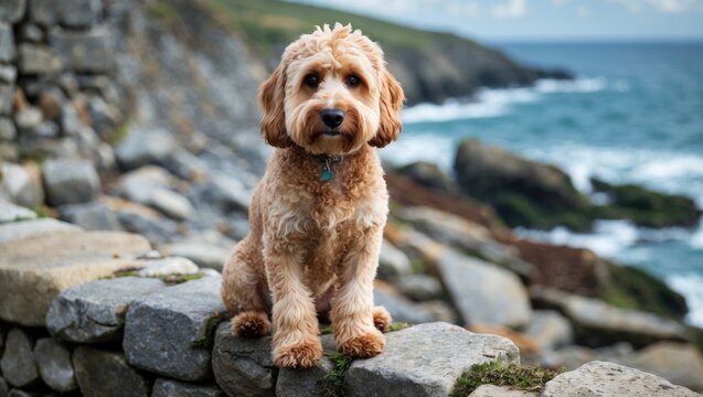 A blond cockapoo dog sits on a stone wall along the coast looking at the camera.