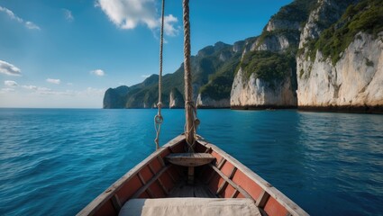 A boat on the blue sea with cliffs and mountains.