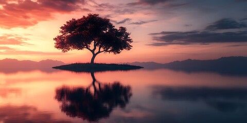 Serene Sunset: Solitary Tree Reflection in Calm Waters - Peaceful Nature Photography