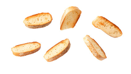 Floating toasted bread slices isolated on white background