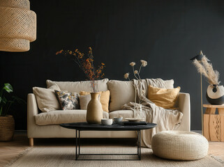 Stylish Scandinavian living room with boho decor and minimalist essence in a cozy, modern home interior